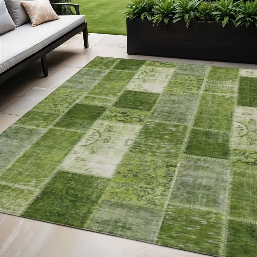 Olive Green And Artichoke Green Patchwork Washable Indoor Outdoor Area Rug Photo 1
