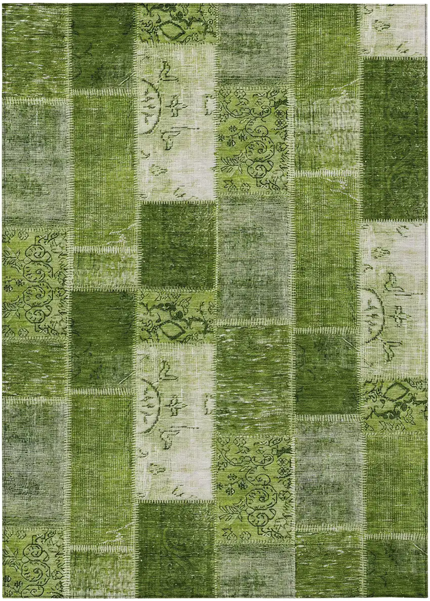 Olive Green And Artichoke Green Patchwork Washable Indoor Outdoor Area Rug Photo 1