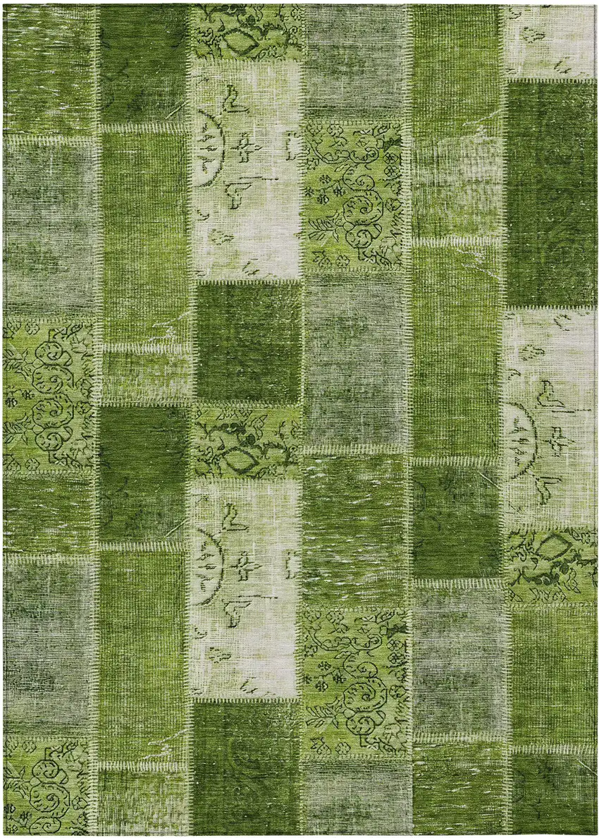 Olive Green And Artichoke Green Patchwork Washable Indoor Outdoor Area Rug Photo 1