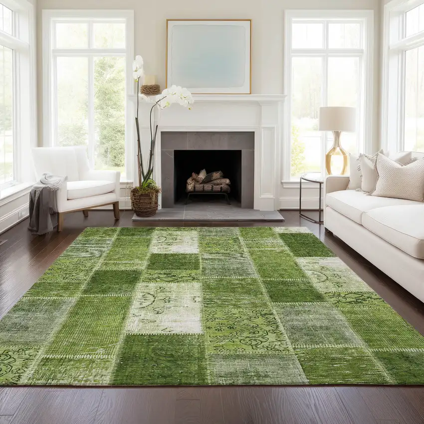Olive Green And Artichoke Green Patchwork Washable Indoor Outdoor Area Rug Photo 7