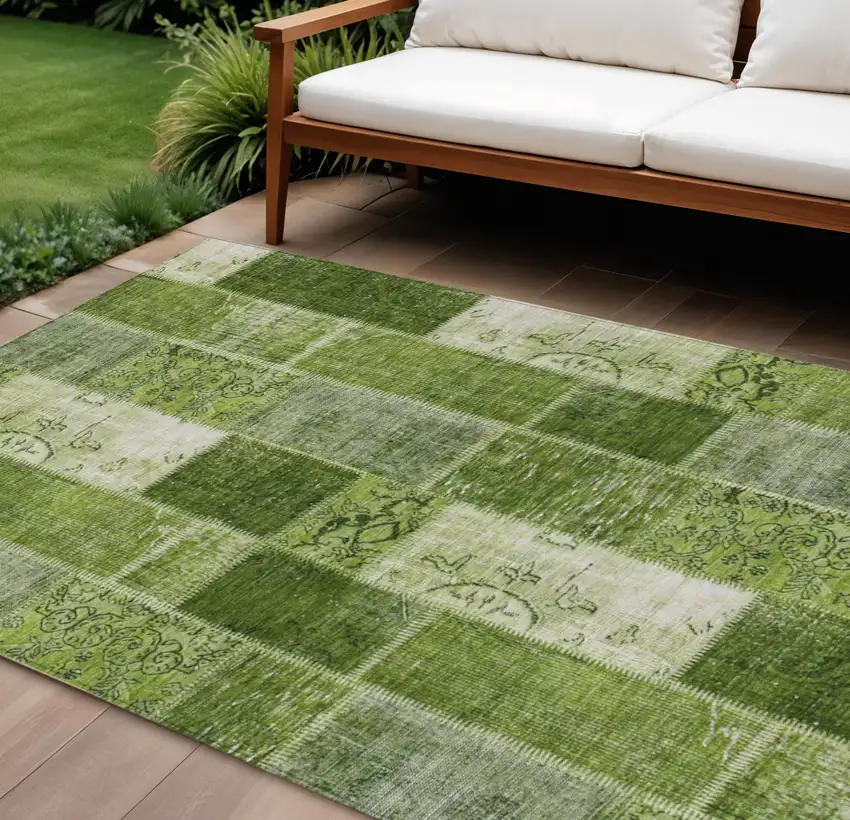 Olive Green And Artichoke Green Patchwork Washable Indoor Outdoor Area Rug Photo 1