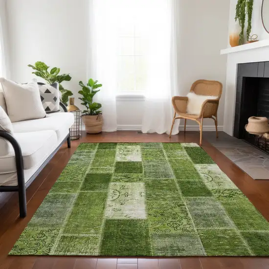 Olive Green And Artichoke Green Patchwork Washable Indoor Outdoor Area Rug Photo 8