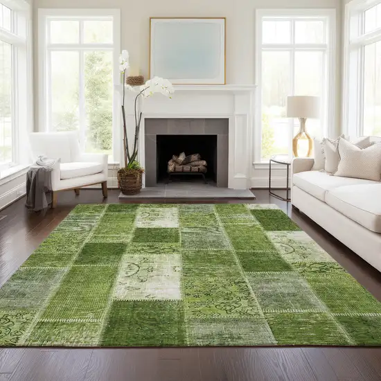 Olive Green And Artichoke Green Patchwork Washable Indoor Outdoor Area Rug Photo 7
