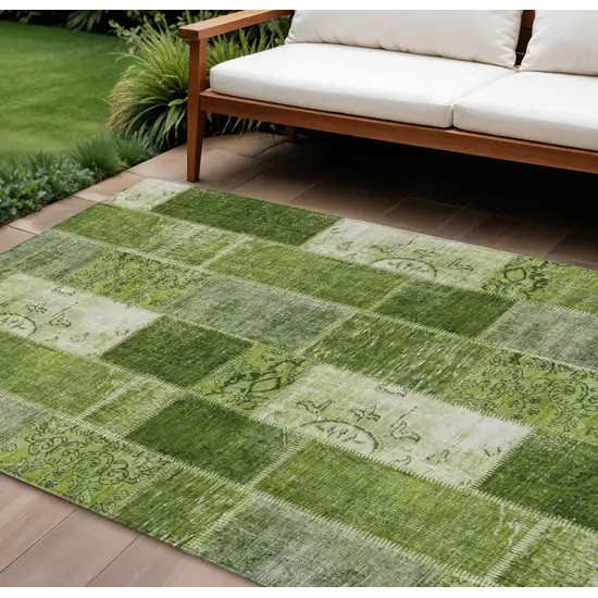 Olive Green And Artichoke Green Patchwork Washable Indoor Outdoor Area Rug Photo 1