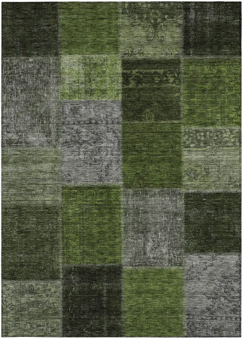 Olive Green And Artichoke Green Patchwork Washable Indoor Outdoor Area Rug Photo 7