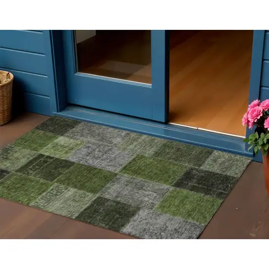 Olive Green And Artichoke Green Patchwork Washable Indoor Outdoor Area Rug Photo 1
