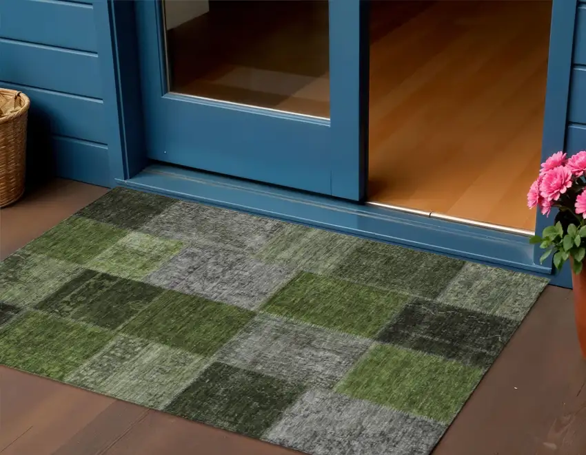 Olive Green And Artichoke Green Patchwork Washable Indoor Outdoor Area Rug Photo 1