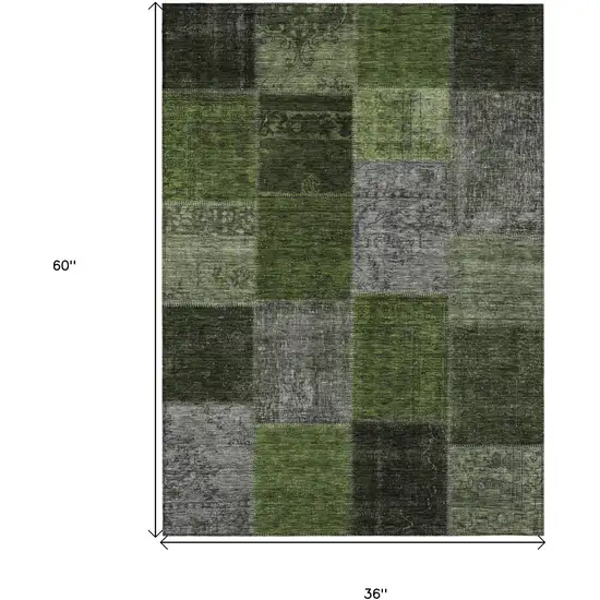Olive Green And Artichoke Green Patchwork Washable Indoor Outdoor Area Rug Photo 3