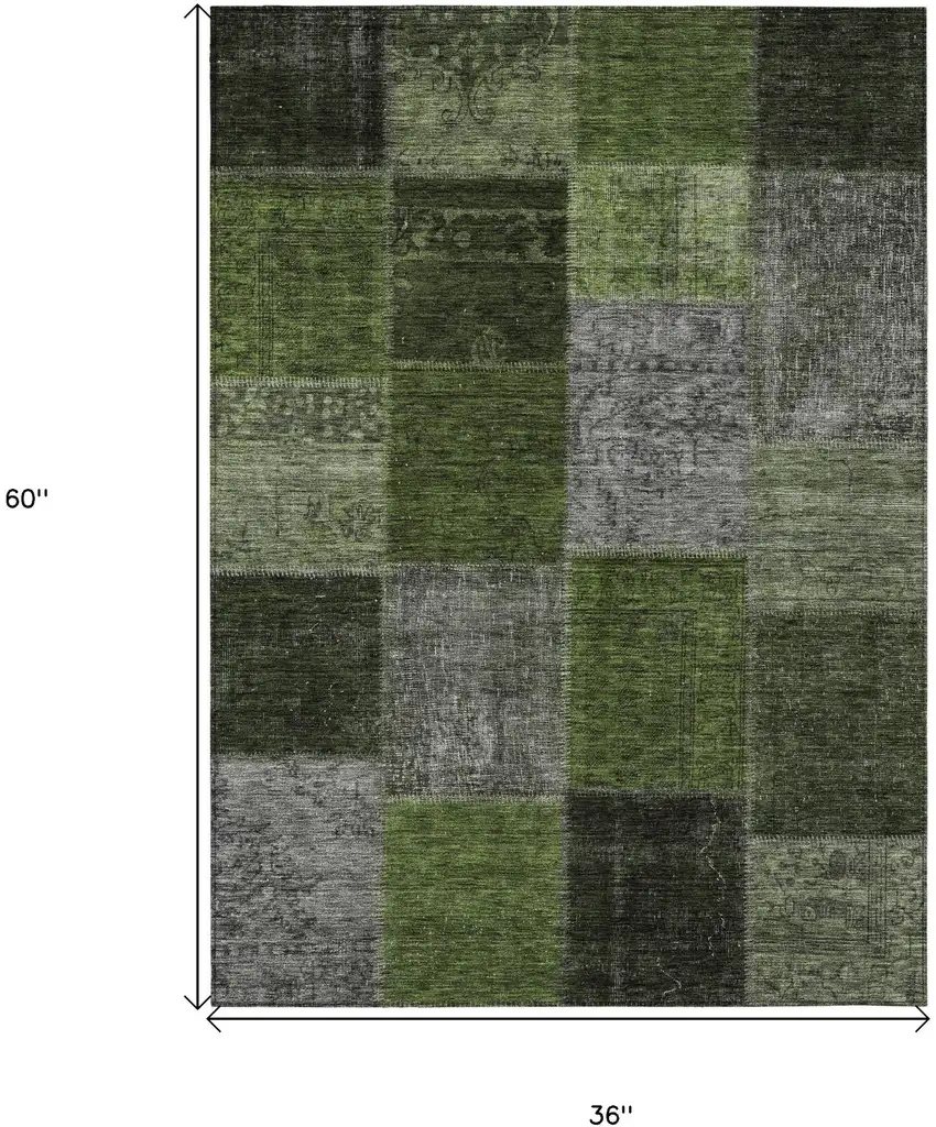 Olive Green And Artichoke Green Patchwork Washable Indoor Outdoor Area Rug Photo 3