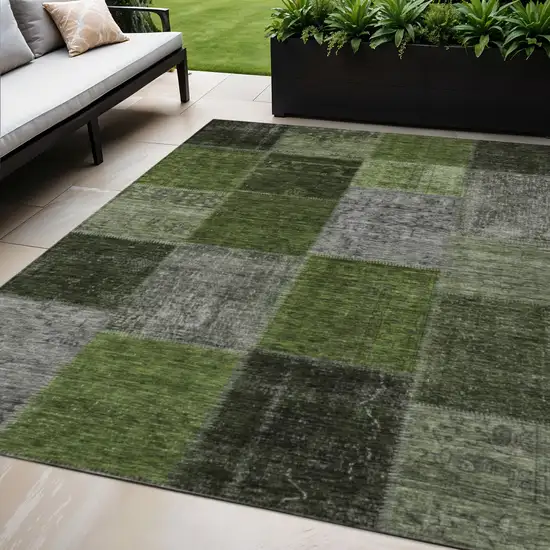 Olive Green And Artichoke Green Patchwork Washable Indoor Outdoor Area Rug Photo 1
