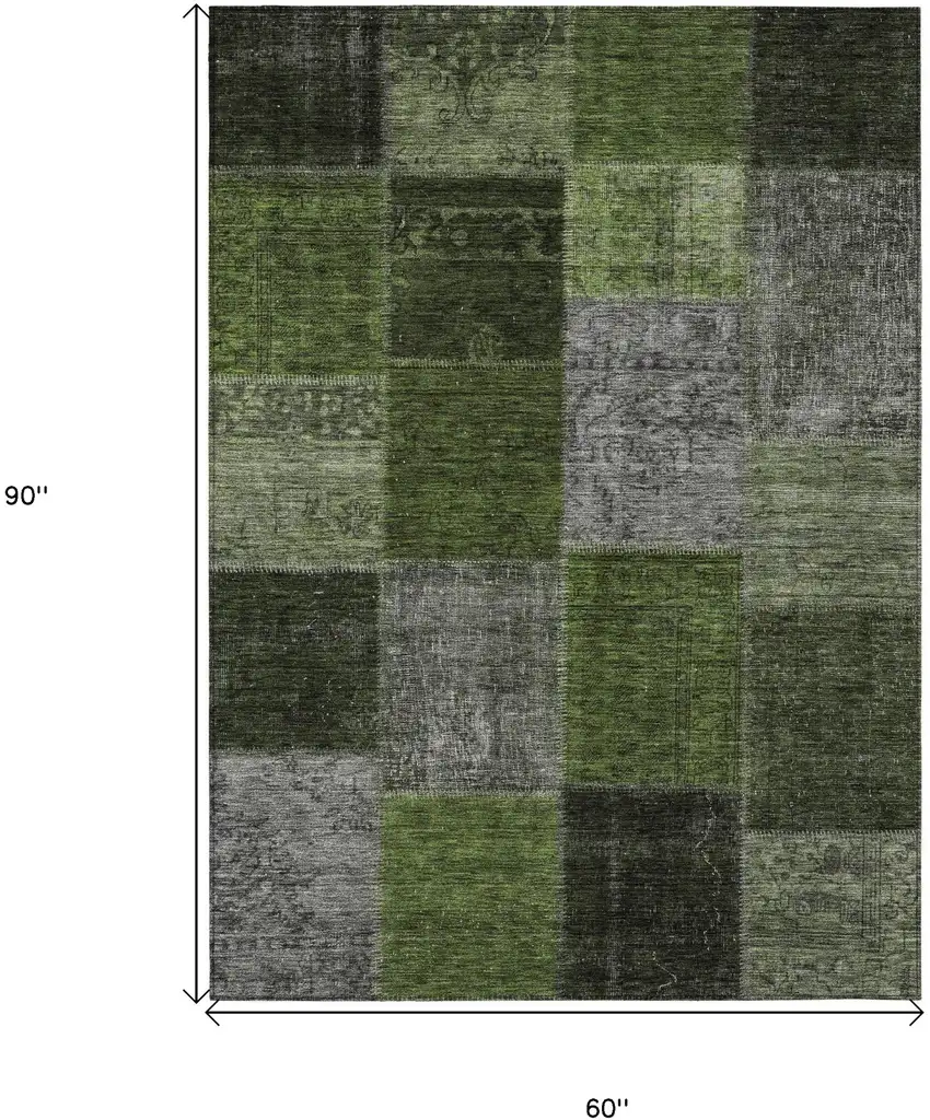 Olive Green And Artichoke Green Patchwork Washable Indoor Outdoor Area Rug Photo 3