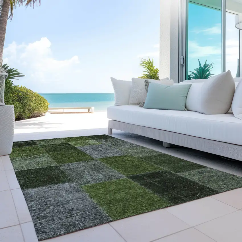 Olive Green And Artichoke Green Patchwork Washable Indoor Outdoor Area Rug Photo 9