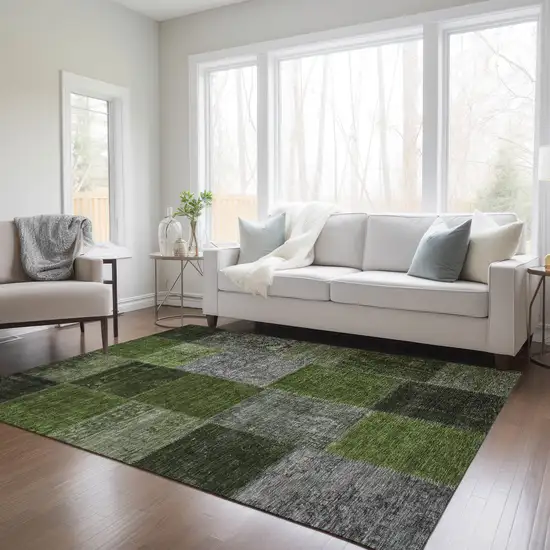 Olive Green And Artichoke Green Patchwork Washable Indoor Outdoor Area Rug Photo 9