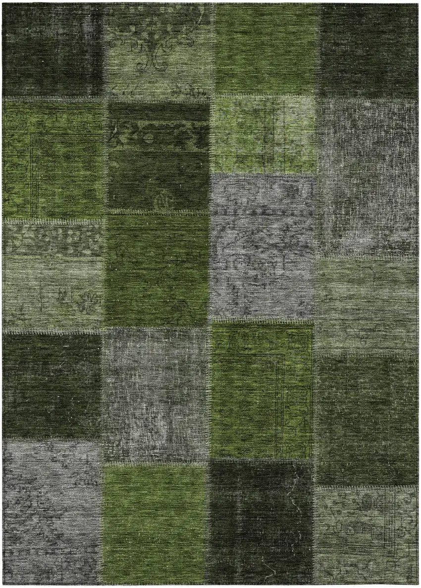 Olive Green And Artichoke Green Patchwork Washable Indoor Outdoor Area Rug Photo 2