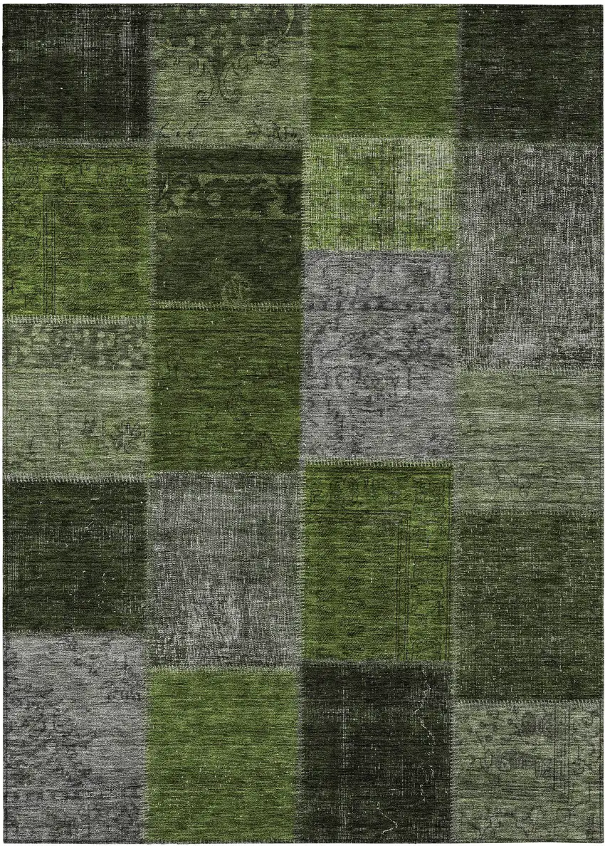 Olive Green And Artichoke Green Patchwork Washable Indoor Outdoor Area Rug Photo 2
