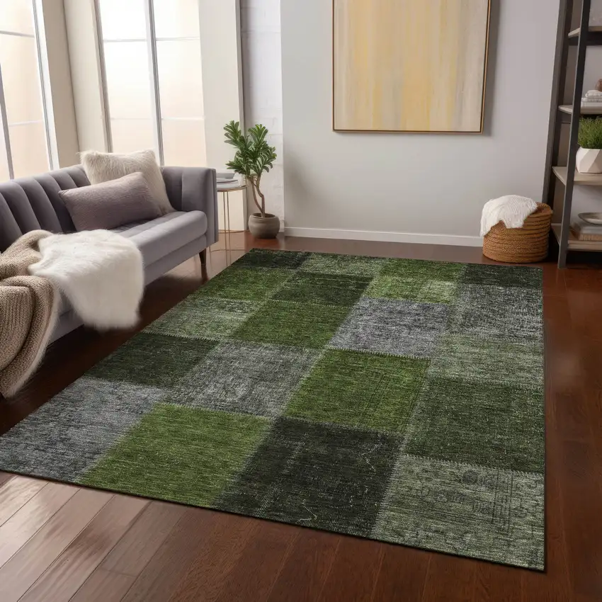 Olive Green And Artichoke Green Patchwork Washable Indoor Outdoor Area Rug Photo 9