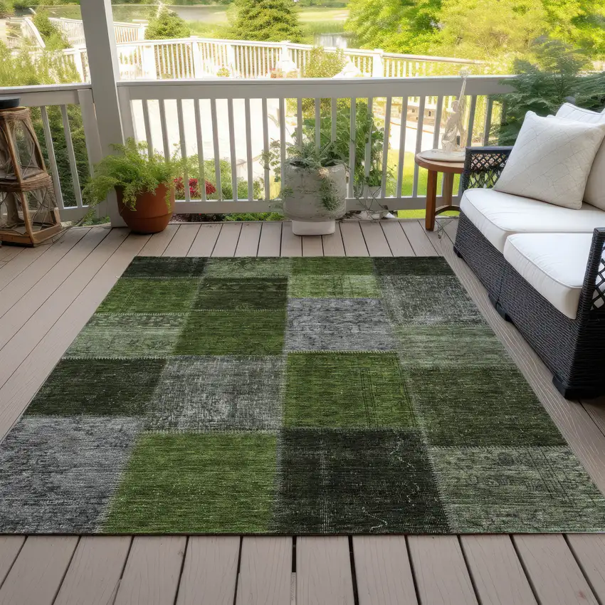 Olive Green And Artichoke Green Patchwork Washable Indoor Outdoor Area Rug Photo 8