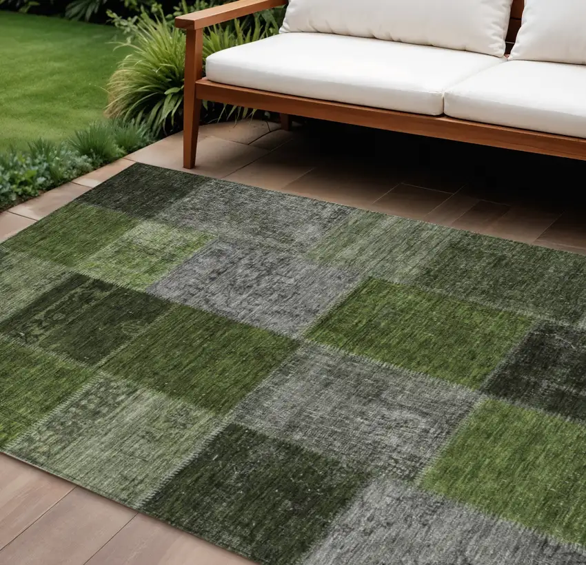 Olive Green And Artichoke Green Patchwork Washable Indoor Outdoor Area Rug Photo 1