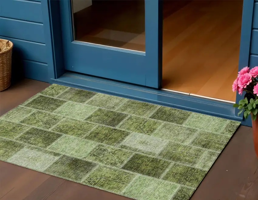 Olive Green And Artichoke Green Patchwork Washable Indoor Outdoor Area Rug Photo 1