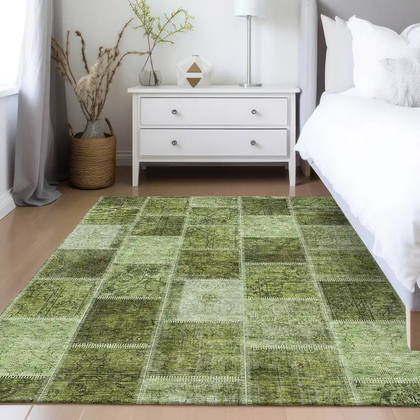 Olive Green And Artichoke Green Patchwork Washable Indoor Outdoor Area Rug Photo 9