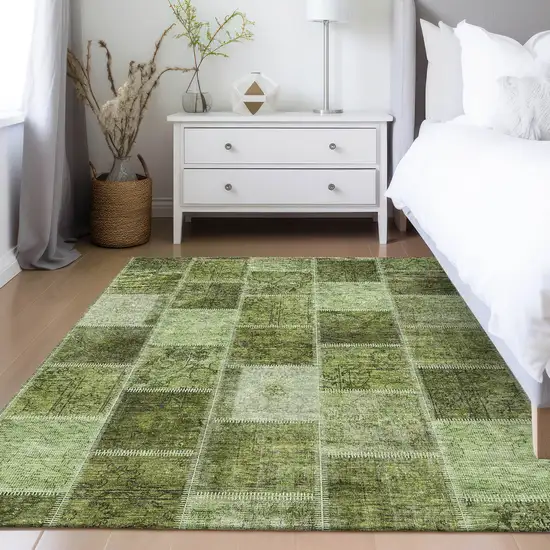 Olive Green And Artichoke Green Patchwork Washable Indoor Outdoor Area Rug Photo 9