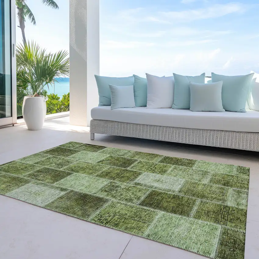 Olive Green And Artichoke Green Patchwork Washable Indoor Outdoor Area Rug Photo 8