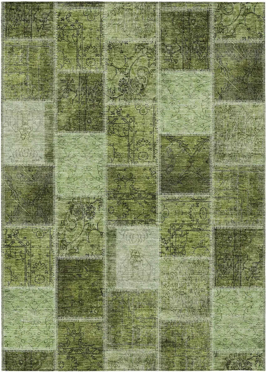 Olive Green And Artichoke Green Patchwork Washable Indoor Outdoor Area Rug Photo 2