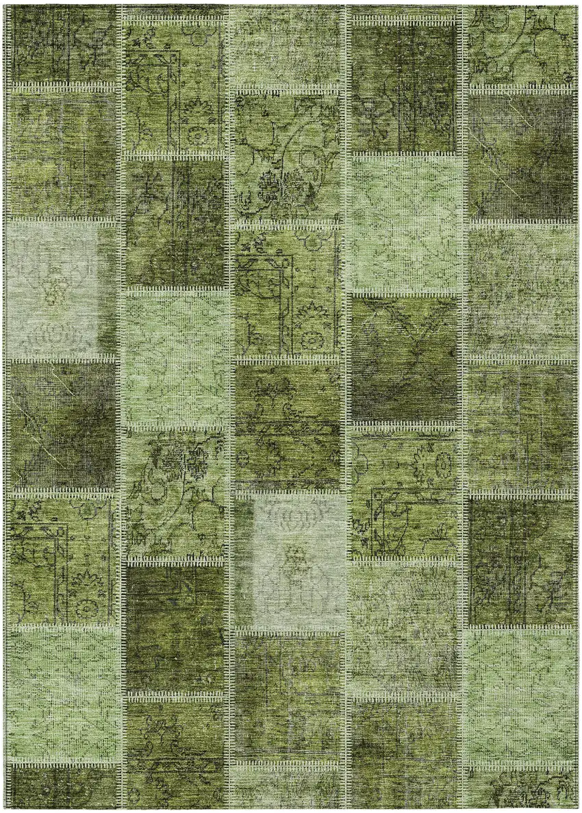 Olive Green And Artichoke Green Patchwork Washable Indoor Outdoor Area Rug Photo 2