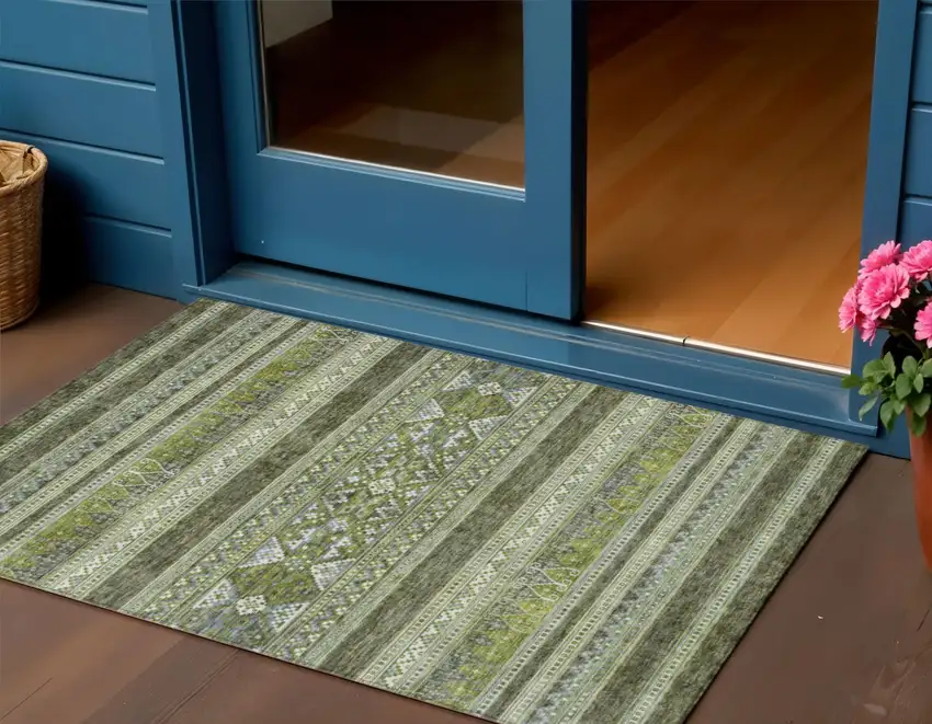 Olive Green And Artichoke Green Southwestern Washable Indoor Outdoor Area Rug Photo 1