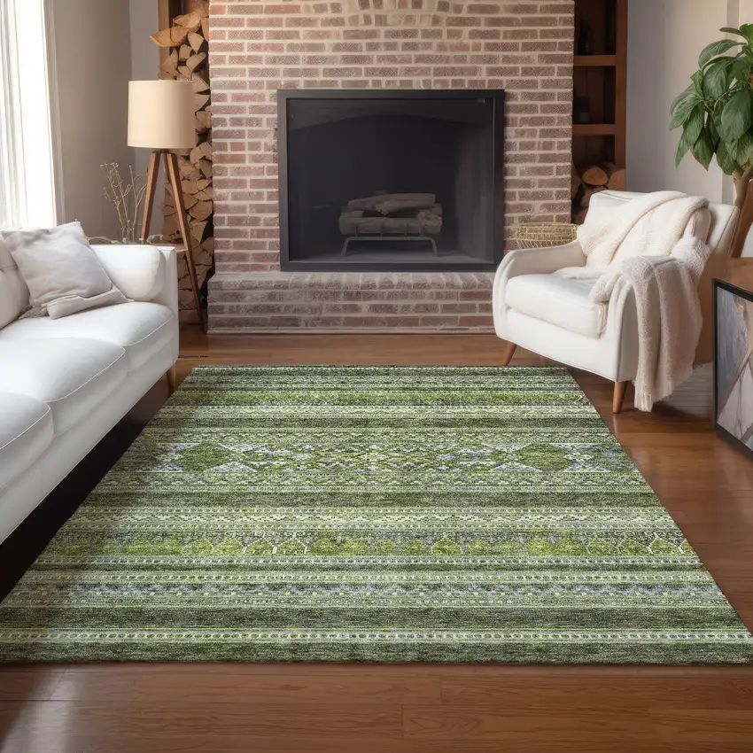 Olive Green And Artichoke Green Southwestern Washable Indoor Outdoor Area Rug Photo 9