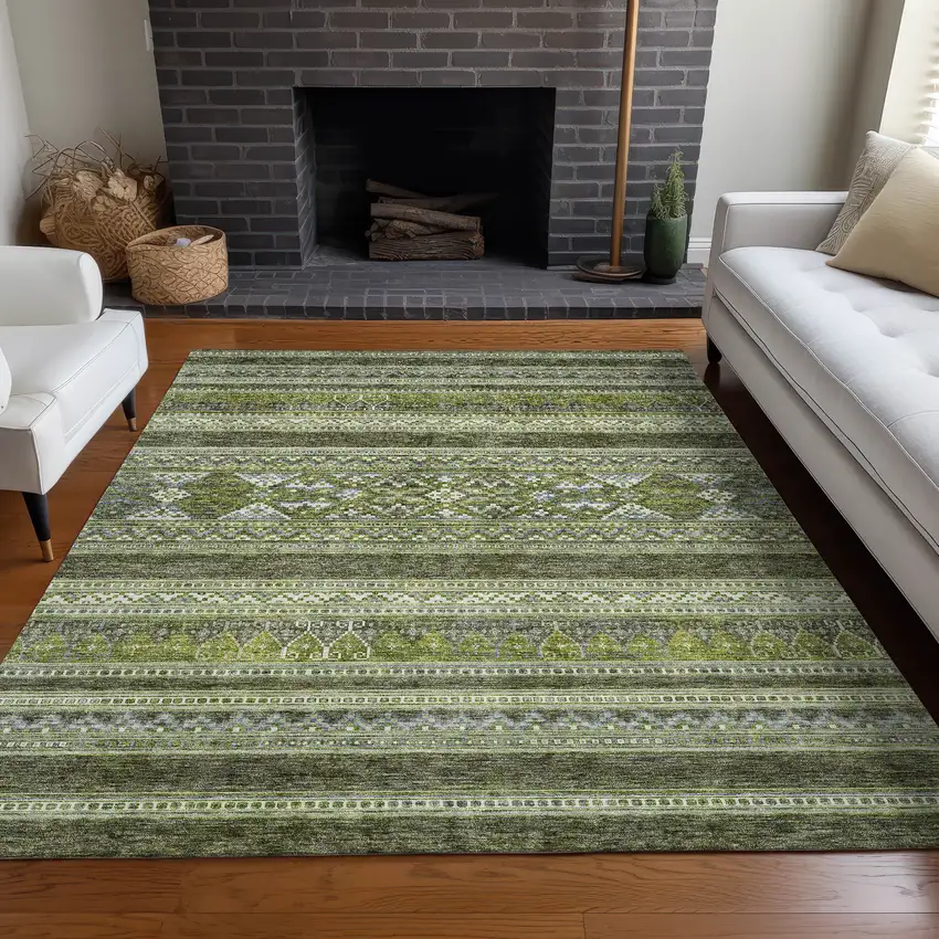 Olive Green And Artichoke Green Southwestern Washable Indoor Outdoor Area Rug Photo 8