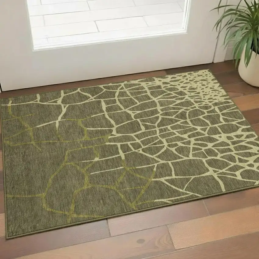 Olive Green And Beige Abstract Geometric Washable Area Rug With UV Protection Photo 2