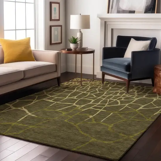 Olive Green And Beige Abstract Geometric Washable Area Rug With UV Protection Photo 3