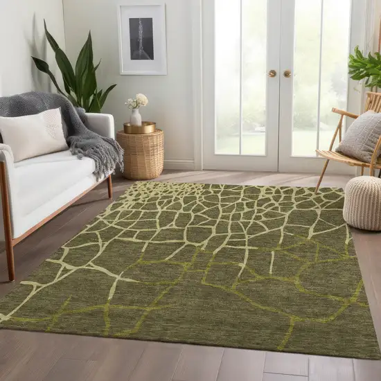 Olive Green And Beige Abstract Geometric Washable Area Rug With UV Protection Photo 5