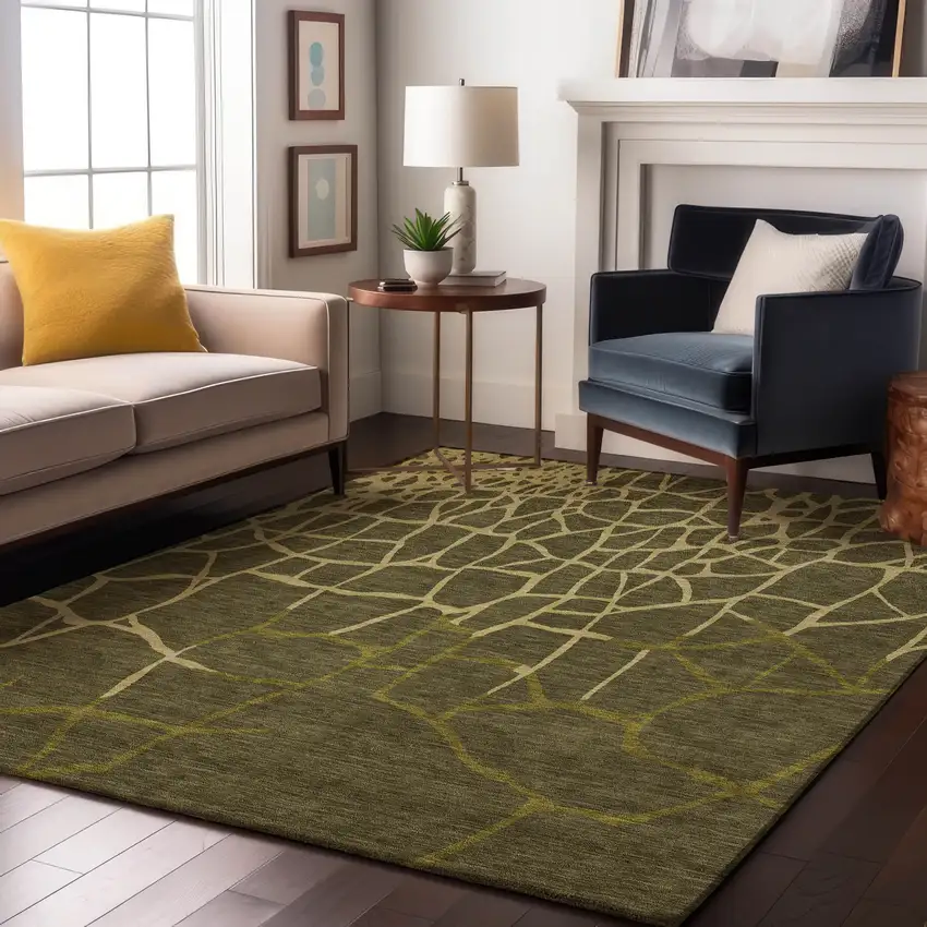 Olive Green And Beige Abstract Geometric Washable Area Rug With UV Protection Photo 3