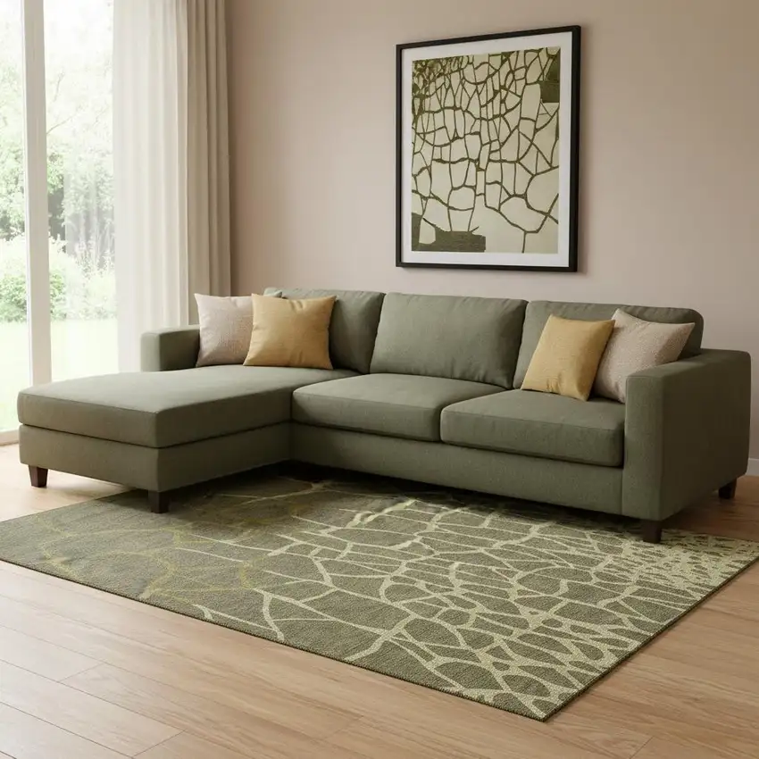 Olive Green And Beige Abstract Geometric Washable Area Rug With UV Protection Photo 1