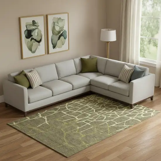 Olive Green And Beige Abstract Geometric Washable Area Rug With UV Protection Photo 2