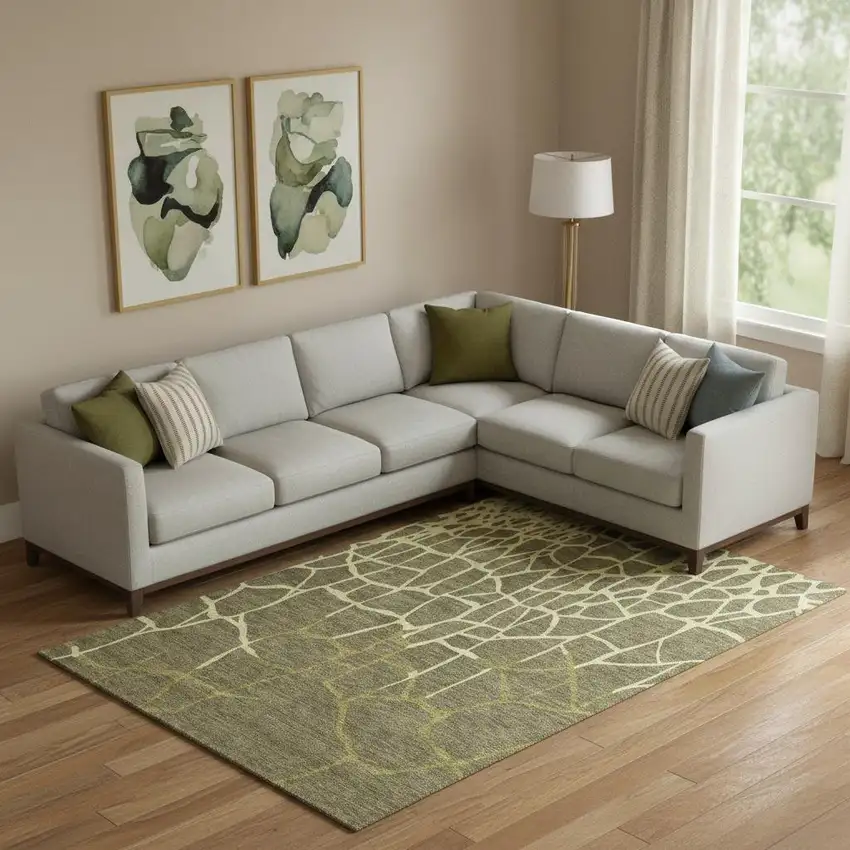 Olive Green And Beige Abstract Geometric Washable Area Rug With UV Protection Photo 2