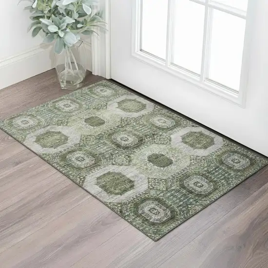 Olive Green And Beige Abstract Geometric Washable Area Rug With UV Protection Photo 2