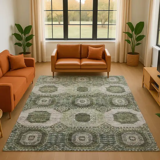 Olive Green And Beige Abstract Geometric Washable Area Rug With UV Protection Photo 4