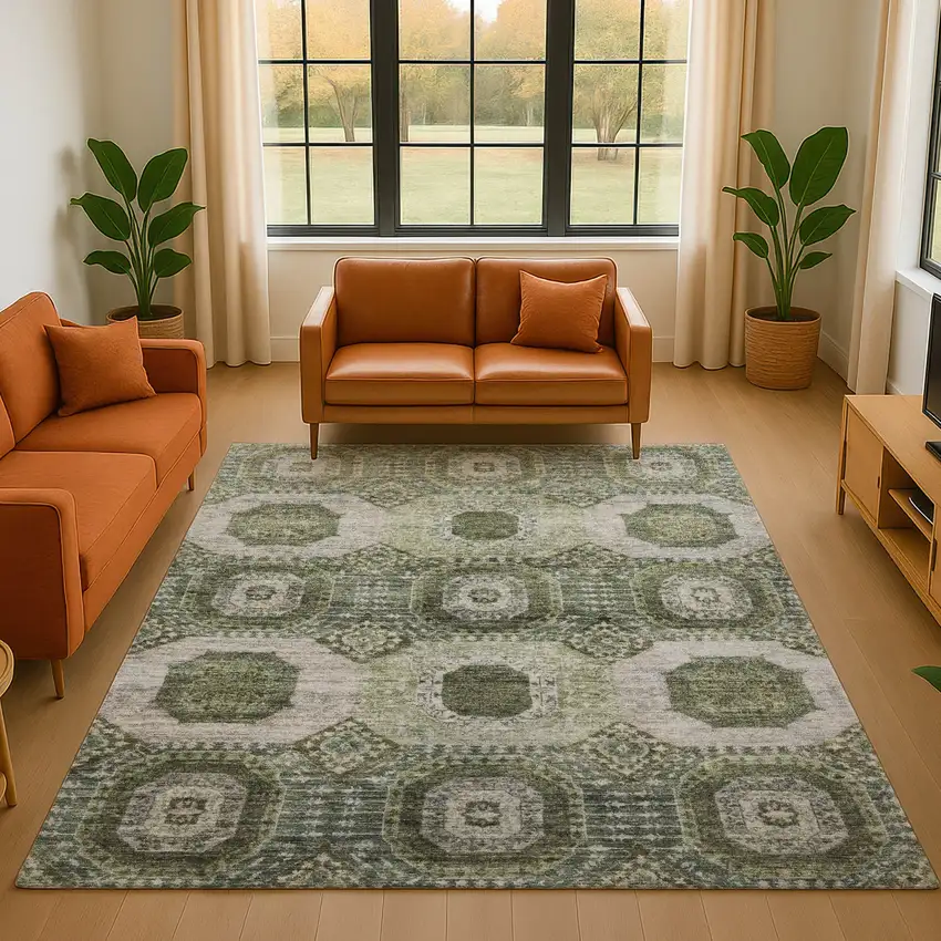 Olive Green And Beige Abstract Geometric Washable Area Rug With UV Protection Photo 4