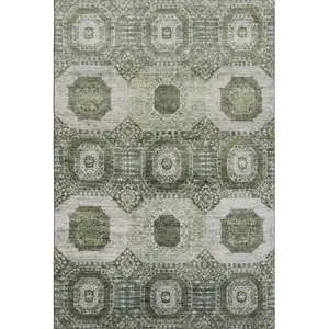 Photo of Olive Green And Beige Abstract Geometric Washable Area Rug With UV Protection