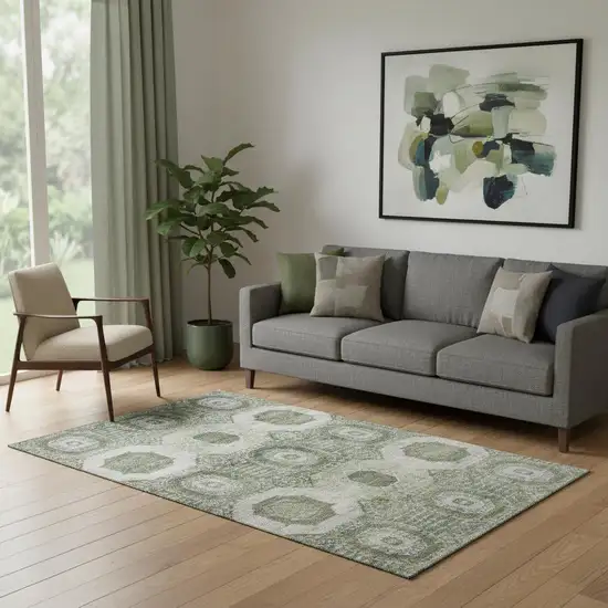 Olive Green And Beige Abstract Geometric Washable Area Rug With UV Protection Photo 2