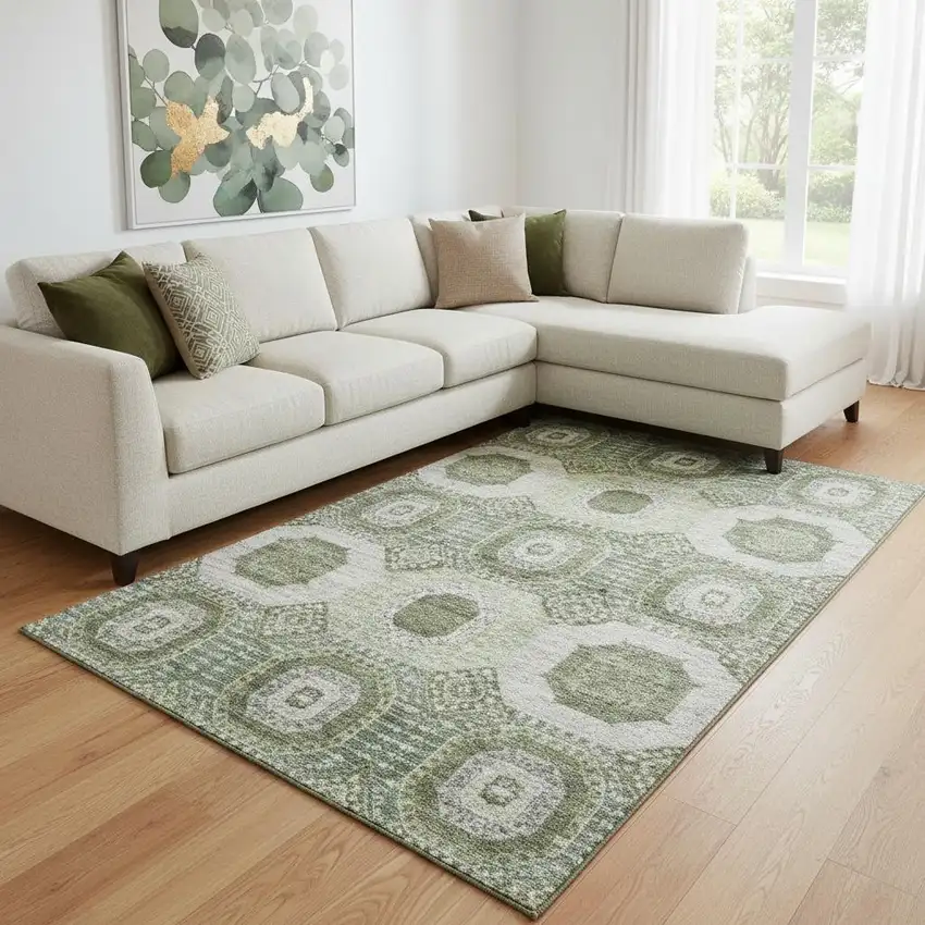 Olive Green And Beige Abstract Geometric Washable Area Rug With UV Protection Photo 2