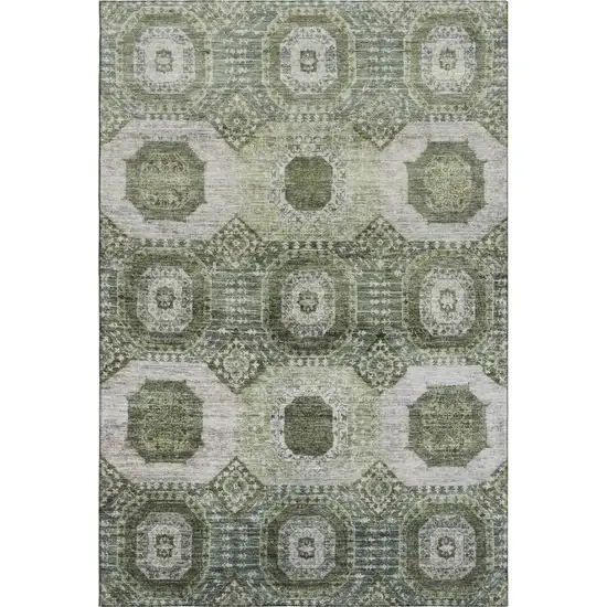 Olive Green And Beige Abstract Geometric Washable Area Rug With UV Protection Photo 1
