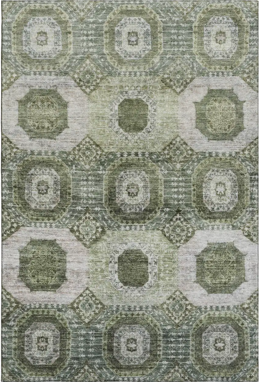 Olive Green And Beige Abstract Geometric Washable Area Rug With UV Protection Photo 1