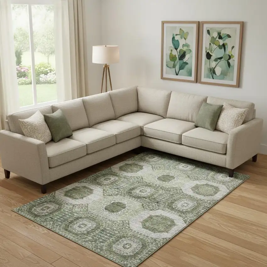 Olive Green And Beige Abstract Geometric Washable Area Rug With UV Protection Photo 2