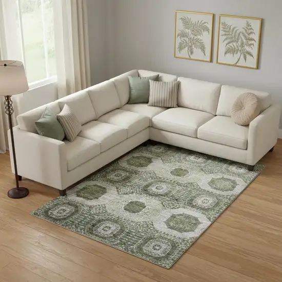 Olive Green And Beige Abstract Geometric Washable Area Rug With UV Protection Photo 2