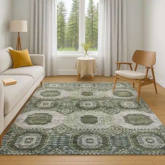 Olive Green And Beige Abstract Geometric Washable Area Rug With UV Protection Photo 6