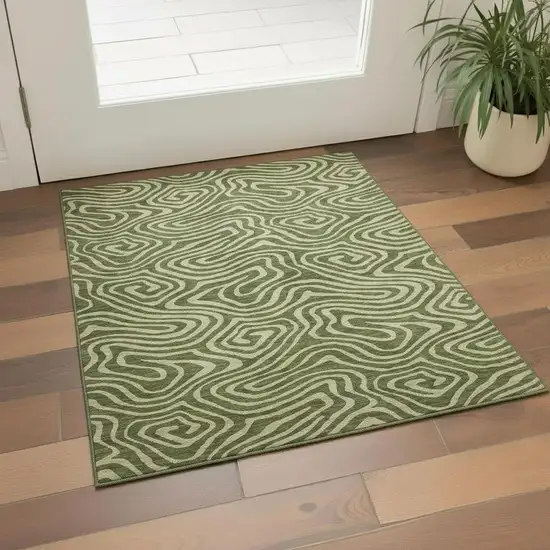 Olive Green And Beige Abstract Washable Area Rug With UV Protection Photo 2